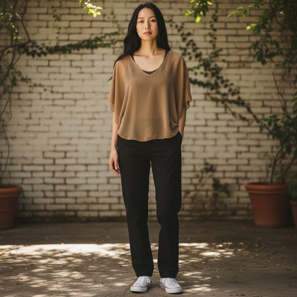 Vintage Y2K 2000s Fashion Bug Brown Flowy Top Large Neutral Slit Loose Fit